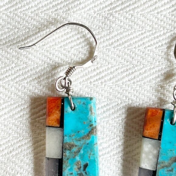 Turquoise & Multi-Stone Mosaic Inlay Earrings w 925 Sterling Silver Wires - Picture 4 of 9